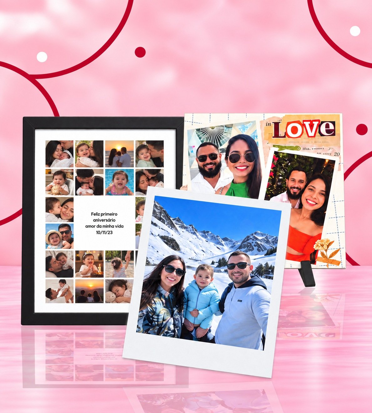 Álbum de fotos personalizado, quadro de lembranças e foto Polaroid sobre piso rosa brilhante, com fundo blush e detalhes rubi