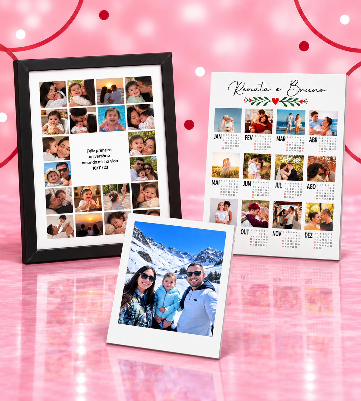 Quadro de lembranças, calendário personalizado e foto Polaroid sobre piso rosa refletivo e fundo rosa-avermelhado